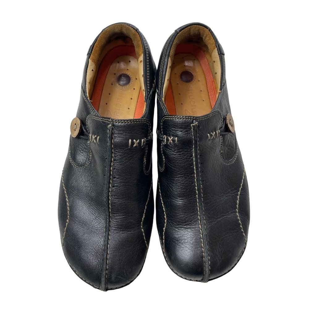 Clarks Un-Structured Womens Loafers Black Round Toe Button Slip On 85071 US 7.5 - Picture 1 of 11